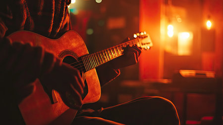 A singer in an intimate setting with a guitar, with a clean, unobtrusive background for text placement.の素材