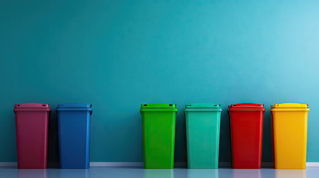A row of colorful rubbish bins for sorting waste in a clean environment, with space for copy.の素材