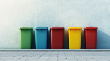 A row of colorful rubbish bins for sorting waste in a clean environment, with space for copy.の素材