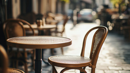 A small caf table with chairs, empty but inviting, with a blurred street background for text.の素材