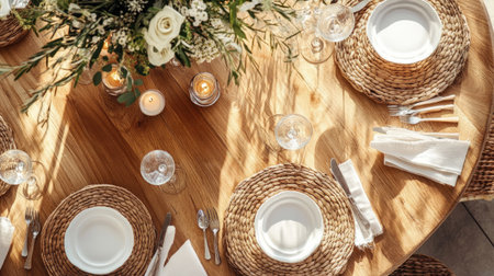 A round table set for a dinner party, with a clear background and room for copy placement. -の素材