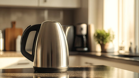 A sleek, modern kettle on a kitchen counter with a blurred background, providing ample space for adding text.の素材