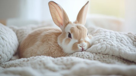 A sick rabbit lying on a soft blanket with a supportive pillow, surrounded by a clear, soft-focus background for text placement. -の素材