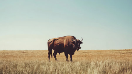 A solitary buffalo in a serene pasture with a clear sky above, offering ample space for text or copy.の素材