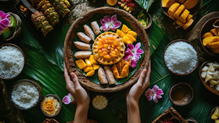 A traditional Thai dessert spread with fruit and coconut-based sweets, leaving a large area around for adding text.の素材