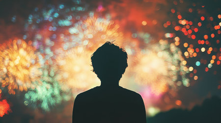 A silhouette of a person watching fireworks, with a vibrant display in the background and room for text above.の素材
