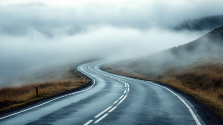 A winding road disappearing into a sea of fog, with an open sky and fog-covered road providing space for adding text.の素材