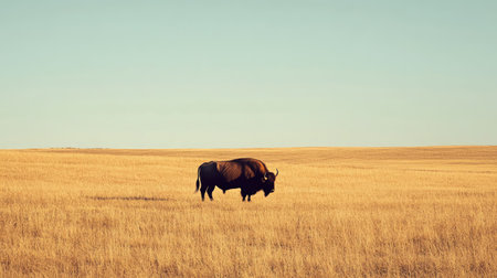 A solitary buffalo in a serene pasture with a clear sky above, offering ample space for text or copy.の素材