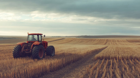 A tractor in a field during harvest season with crops in the background, providing ample open space for text.の素材