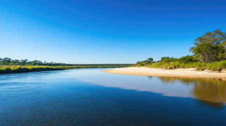 A tranquil river flowing past a sandy beach with clear blue sky above, providing plenty of space for text placement.の素材
