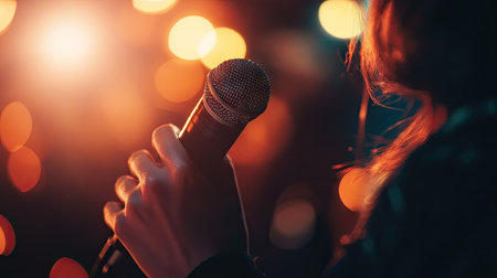 A solo singer holding a microphone, with a spotlight on them and a blurred background providing ample space for adding text.の素材