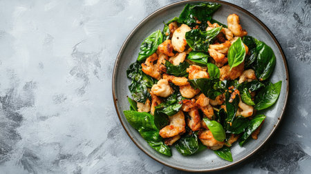 A top view of a plate with a generous serving of fried basil, with a simple background for copy placement. -の素材