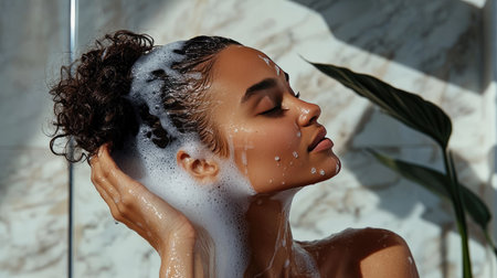 A woman with her head tilted back, rinsing shampoo out of her hair in a modern bathroom, with plenty of open space around for adding text.の素材
