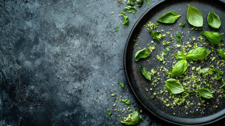 Crispy fried basil leaves sprinkled over a dish, with clear, open space around the plate for text.の素材