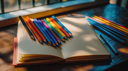An assortment of colored pencils and a sketchbook on a table, with a clear area around for adding text.の素材