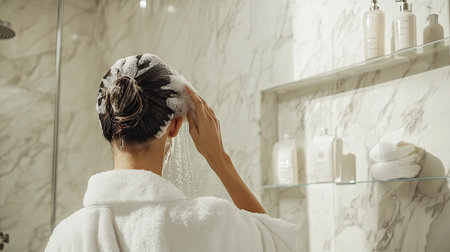 A woman in a bathrobe, washing her hair in a luxurious bathroom with a minimal background, offering ample space for text or copy.の素材