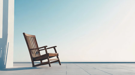 An empty wooden chair on a sunny patio, with a clear sky and open space for adding copy.の素材