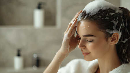 A woman in a bathrobe, washing her hair in a luxurious bathroom with a minimal background, offering ample space for text or copy.の素材