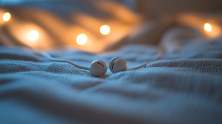 Earphones resting on a bed with a soft-focus background, providing ample space for text or copy.の素材