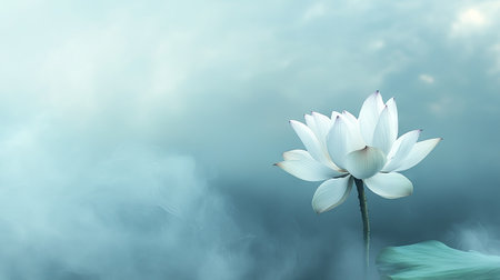 A white lotus flower against a misty background, with plenty of room for copy in the serene sky.の素材