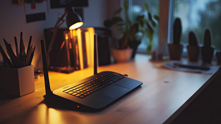 A wireless router on a desk with its lights glowing, surrounded by a clean workspace for adding copyの素材
