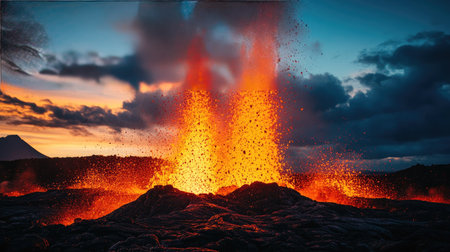 Lava fountains during a volcanic eruption, with a wide, open sky providing space for text.の素材
