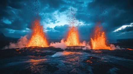 Lava fountains during a volcanic eruption, with a wide, open sky providing space for text.の素材