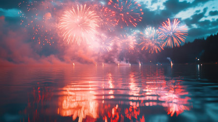 Fireworks reflecting in a calm body of water, with a clean background above the reflection for adding text.の素材