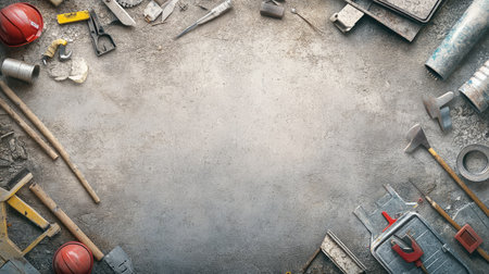 An overhead view of construction materials and tools scattered on a site, with a clear background for text.の素材