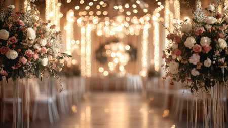 A wedding venue adorned with flowers and lights, with a clear space above for copy placement.の素材