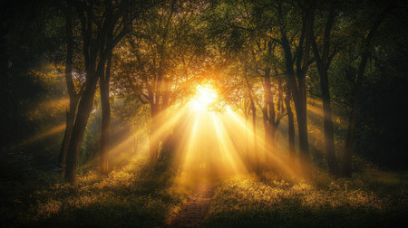 The sun rising through a grove of trees with beams of light shining through, leaving room for text above.の素材