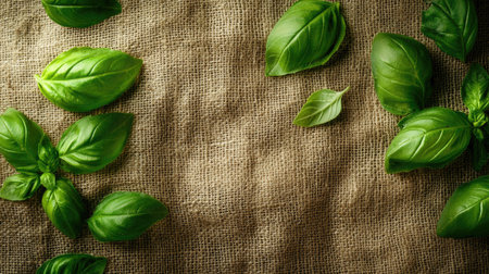 Fried basil leaves on a textured cloth or mat, viewed from above with plenty of space for adding text.の素材