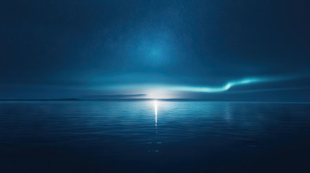 Northern Lights glowing over a calm sea with the night sky providing space for copy.の素材