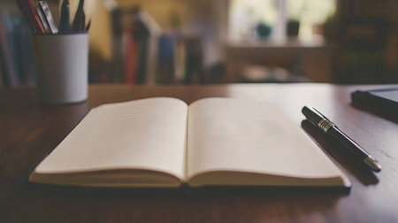 An open notebook on a desk with a pen beside it, with a clean, clear background for adding text.の素材