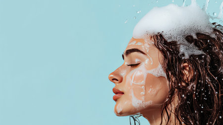 A woman with her hair under a shower stream, lathering shampoo, with a clean background providing space for adding text. -の素材