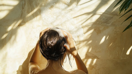A woman washing her hair in a spa-like setting with soft lighting, surrounded by a clean background offering space for text.の素材
