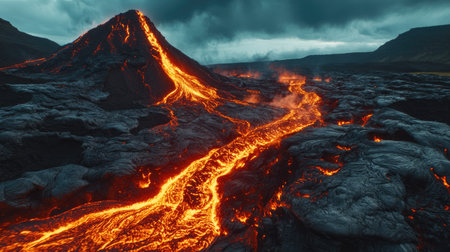 Lava flowing down the side of a volcano during an eruption, with clear space in the landscape for text.の素材