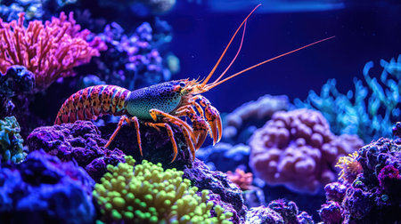 A stunning lobster stands out against a colorful coral reef, showcasing the vibrant hues of marine life. Ideal for showcasing ocean diversity.の素材