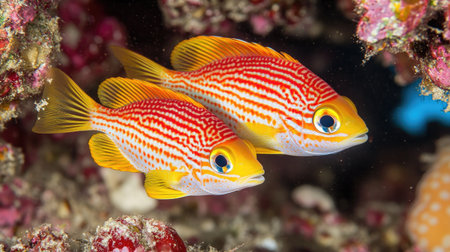 Two vibrant tropical fish swim gracefully among colorful coral in a stunning underwater scene, showcasing the beauty and diversity of marine life.の素材