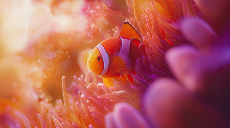 A vibrant clownfish swims among a lush, colorful coral reef, showcasing the beauty of underwater life. Ideal for nature enthusiasts and marine conservation themes.の素材