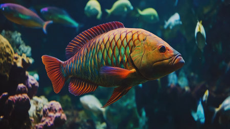 A vibrant fish swims gracefully through a colorful underwater scene, showcasing the beauty and diversity of marine life in its natural habitat.の素材