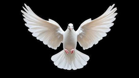 A stunning image of a white bird in flight showcasing its graceful wings against a dark background, symbolizing freedom and peace in nature's beauty.の素材
