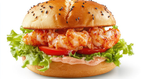 Mouthwatering shrimp sandwich featuring fresh lettuce, sliced tomato, and a flavorful sauce, perfect for a quick meal or a tasty snack. Enjoy a satisfying bite!の素材