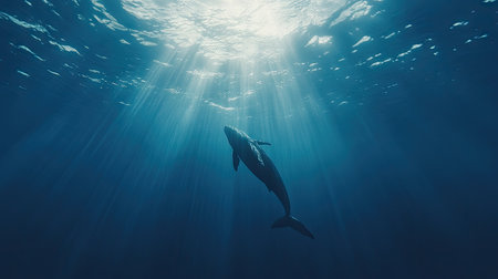 A stunning image capturing the grace of a whale swimming in deep ocean waters, illuminated by gentle sun rays. This scene portrays the beauty and tranquility of marine life in its natural habitat.の素材
