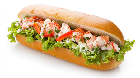 A delectable lobster roll served on a fresh bread bun, filled with crisp lettuce and vibrant toppings. Perfect for summer dining or casual lunches.の素材