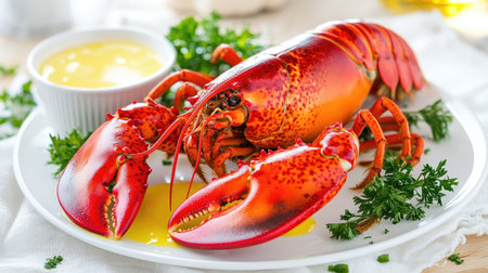 A vibrant fresh lobster served on a white plate with butter sauce and parsley garnishing. Perfect for seafood lovers and culinary presentations.の素材