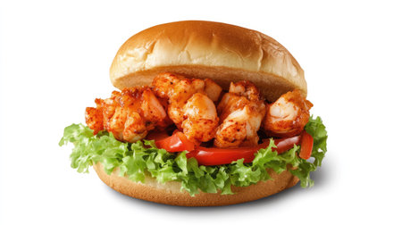 A mouthwatering spicy chicken sandwich featuring tender chicken pieces, fresh lettuce, and ripe tomato deliciously nestled in a soft bun. Perfect for any meal.の素材