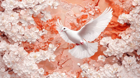 A stunning white dove soars gracefully amidst delicate cherry blossoms, creating a serene and peaceful atmosphere in soft pastel colors. Perfect for nature lovers.の素材