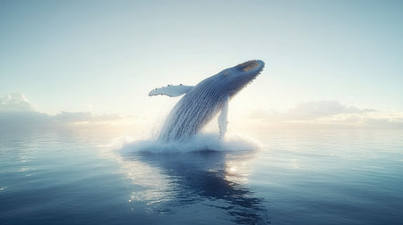 A breathtaking image of a whale breaching the calm ocean surface during a stunning sunset, capturing the beauty of wildlife in serene waters.の素材
