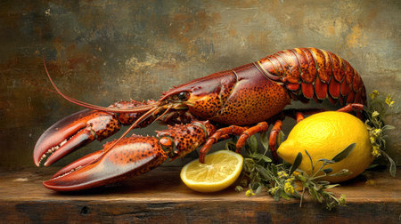 A stunning still life featuring a fresh lobster next to vibrant lemons, set on a rustic wooden surface, perfect for culinary or seafood-themed projects.の素材
